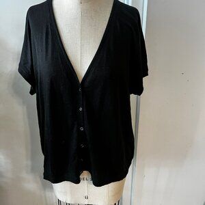 EILEEN FISHER  Black Linen Button Down, Deep V Top Size Large